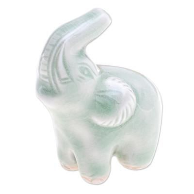 Happy Elephant in Green,'Green Celadon Ceramic Figurine'