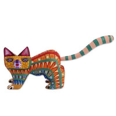 Walking Festive Cat,'Multicolored Wood Alebrije Cat Figurine from Mexico'
