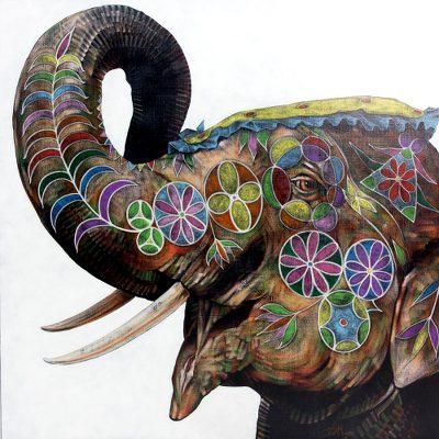 Happy Hours,'Original Acrylic Painting of Elephant with Pastel'