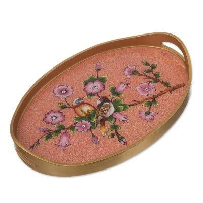 Birds of a Feather in Rose,'Reverse Painted Glass and Wood Tray from Peru'