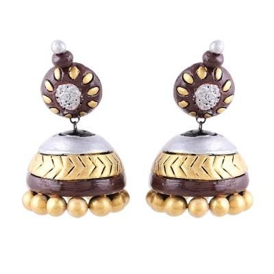 Gleaming Sonata,'Ceramic Dangle Earrings in Gold and Silver from India'