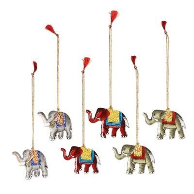 Festive Elephants,'Painted Wood Elephant Ornaments (Set of 6)'