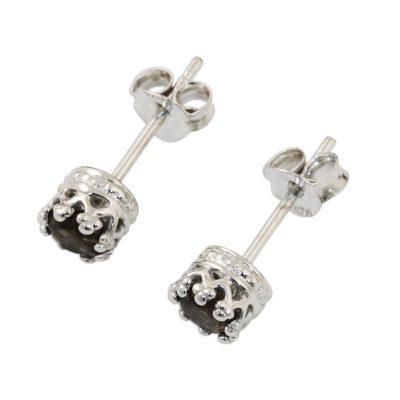 Brilliant Splendor,'Rhodium Plated Smoky Quartz Stud Earrings from Thailand'