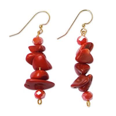 Crimson Maiden,'Natural Red Agate Dangle Earrings with Recycled Glass Beads'