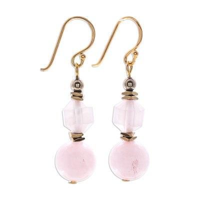 Blushing,'Gold Plated Rose Quartz Dangle Earrings'