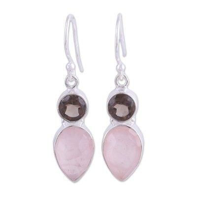 Dazzling Alliance,'Rose and Smoky Quartz Dangle Earrings from India'