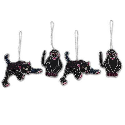 Wild Animals,'4 Embroidered Cotton Cat and Monkey Ornaments from India'