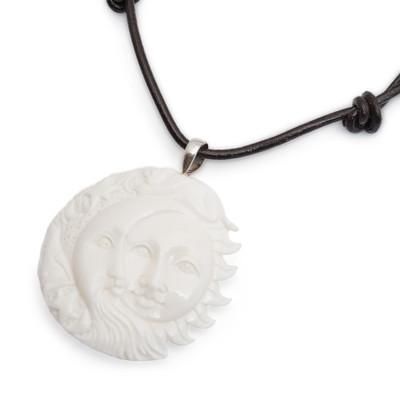 Stellar Guardians,'Handcrafted Sun and Moon Bone Pendant Necklace from Bali'