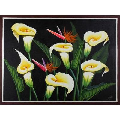 Calla Lilies,'Floral Painting of Calla Lilies and Birds of Paradise Signed'