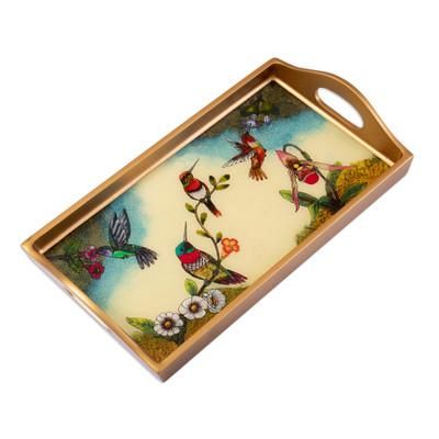 Joy at Spring,'Floral and Bird-Themed Reverse-Painted Glass Tray'