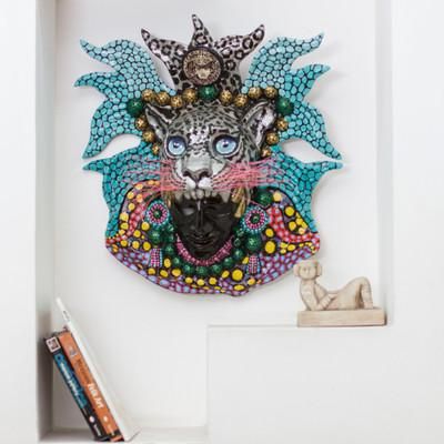 'Hand-Painted Lacquered Papier Mache Mexican Jaguar Mask'