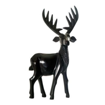 Curious Deer,'West African Ebony Polished Carved Brown Deer Sculpture'