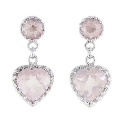 Rosy Hearts,'Rhodium Plated Rose Quartz Heart Earrings from Thailand'