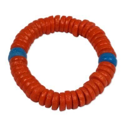 Eco Orange,'Recycled Plastic Beaded Stretch Bracelet in Orange and Blue'