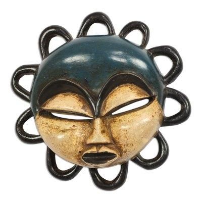 Fafali Face,'Blue and Beige African Wood Mask from Ghana'