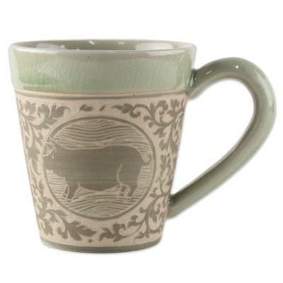 Thai Zodiac Pig,'Celadon Glazed Ceramic Mug with Pig from Thailand'
