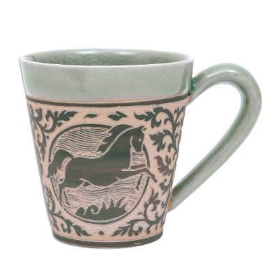 Thai Zodiac Horse,'Celadon Glazed Ceramic Mug with Horse from Thailand'