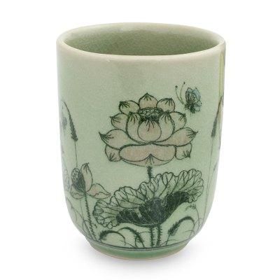 Celadon ceramic teacup, 'Pink Lotus Butterflies'