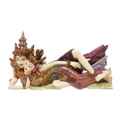 Reclining Rama and Sita,'Handcrafted Wood Sculpture of Rama and Sita'