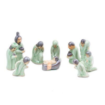 Nativity of Love,'Celadon Ceramic Nativity Scene from Thailand (10 Piece)'