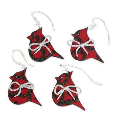 Vibrant Birds,'Set of 4 Handcrafted Red Cotton Bird Ornaments from Ghana'