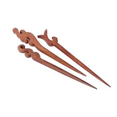 'Set of 3 Hand-Carved Natural Brown Mango Wood Hairpins'