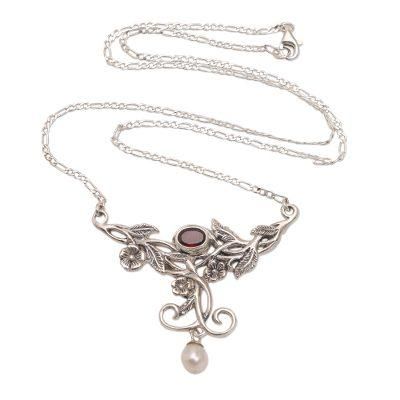 Garden Vine,'Floral Garnet and Cultured Pearl Pendant Necklace'