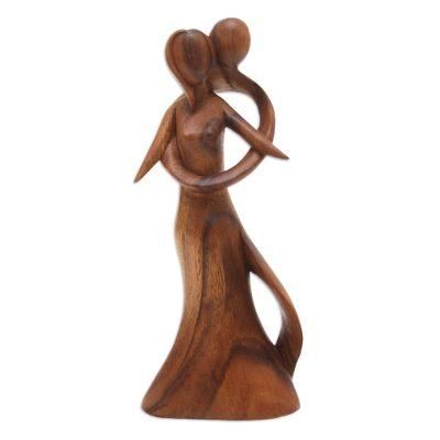 Graceful Hug,'Hand-Carved Suar Wood Sculpture with Loving Couple'