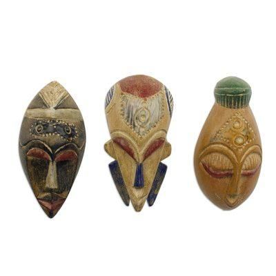 Wisdom and Happiness,'Set of 3 Sese Wood African Masks Handcrafted in Ghana'