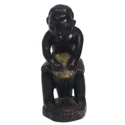 Drum Player,'Sese Wood Sculpture of a Drum Player from Ghana'