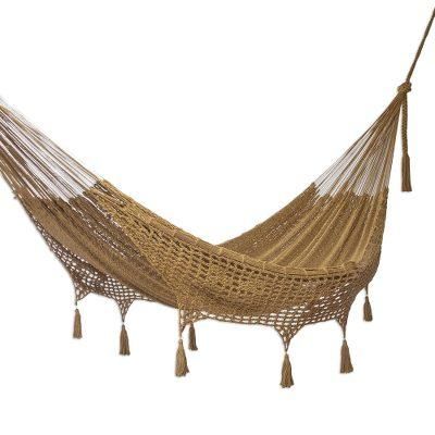 Maya Memories in Olive,'Macrame-Accented Cotton Hammock (Triple)'