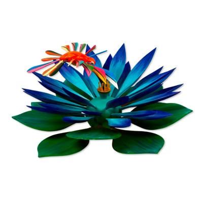 Hummingbird Banquet,'Colorful Handcrafted Hummingbird and Lotus Wood Sculpture'