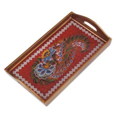 Garden Arrangement,'Red Floral Reverse-Painted Glass Tray from Peru'