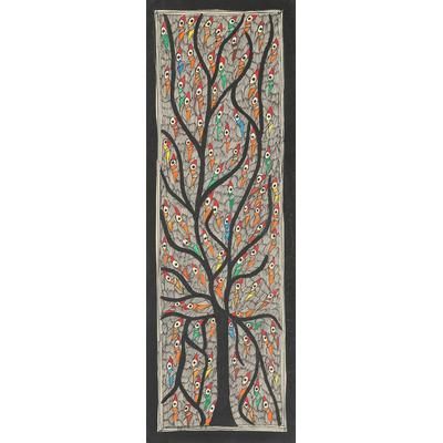 Birds's Saga II,'Signed Madhubani Painting with Colorful Birds'