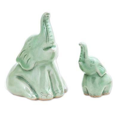 Mom and Baby,'Celadon Ceramic Elephant Figurines from Thailand(Pair)'