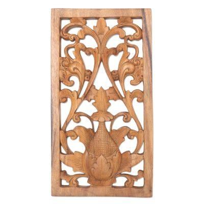 Paisley Flower,'Hand Carved Suar Wood Relief Panel'