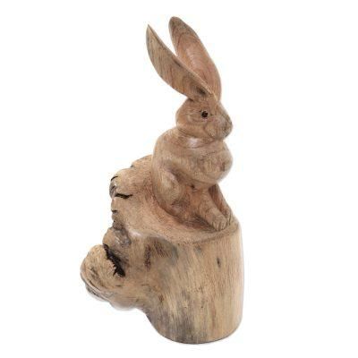 Watchful Hare,'Hand-Carved Wood Hare Sculpture from Bali'