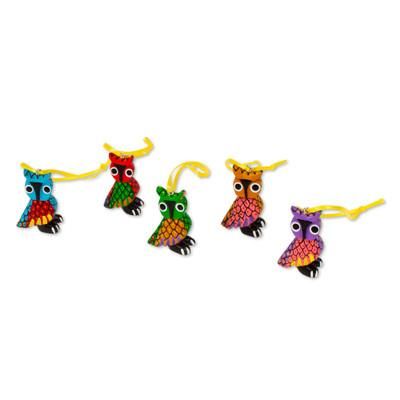 Sweet Owls,'Painted Wood Alebrije Owl Ornaments (Set of 5) from Mexico'