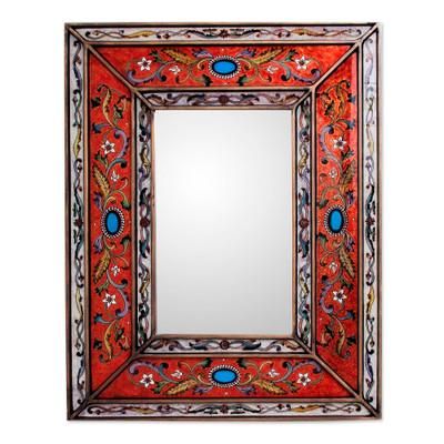 Orange Cajamarca Warmth,'Rectangular Reverse Painted Glass Wall Mirror from Peru'
