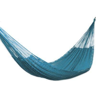 Sunset Siesta in Teal,'Teal Cotton Rope Hammock (Double) from Mexico'