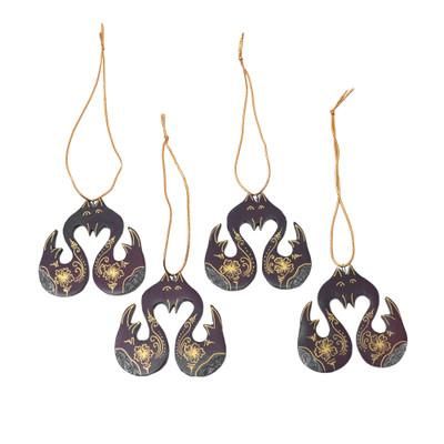Little Loving Swans,'Set of 4 Mahogany Wood Swan Ornaments from Bali'