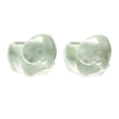 Elephant Sisters,'Celadon Ceramic Elephant Egg Cups from Thailand (Pair)'