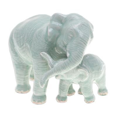 Elephant Love,'Handcrafted Celadon Ceramic Elephant Father and Son Figurine'