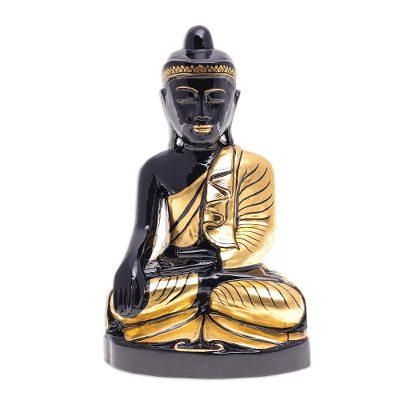 Sitting Teacher,'Gold-Accented Raintree Wood Buddha Sculpture'