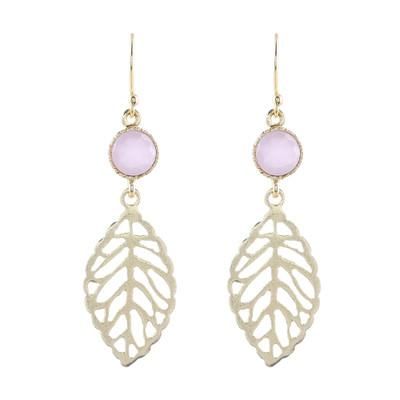 Jaipur Leaves,'Gold Plated Rose Quartz Leaf Earrings from India'