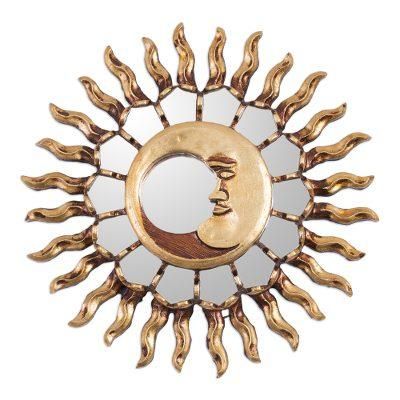 Bright Eclipse,'Moon-Themed Bronze Leaf Wall Mirror from Peru'
