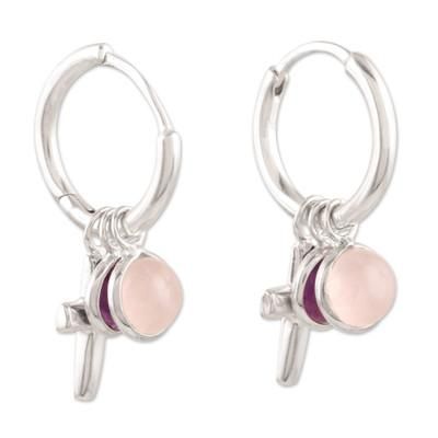 Soft and Sweet,'Amethyst and Rose Quartz Earrings with Cross Motif'