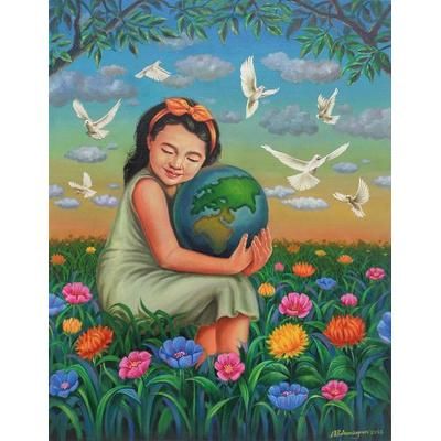 Child's Affection for World,'Realist Peace Painting of Girl in Field of Flowers from Bali'