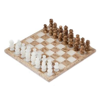 Nature's Challenge,'Onyx and Marble Chess Set in Brown and Beige (13.5 in.)'