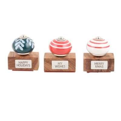 Loving Greetings,'Ceramic and Brass Stamps Crafted from Mango Wood (Set of 3)'
